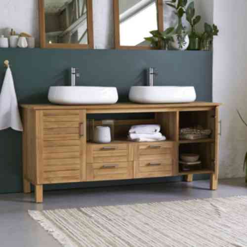 Meuble de salle de bain Tikamoon avec deux vasques en céramique. (Leroy Merlin réf 75576452)